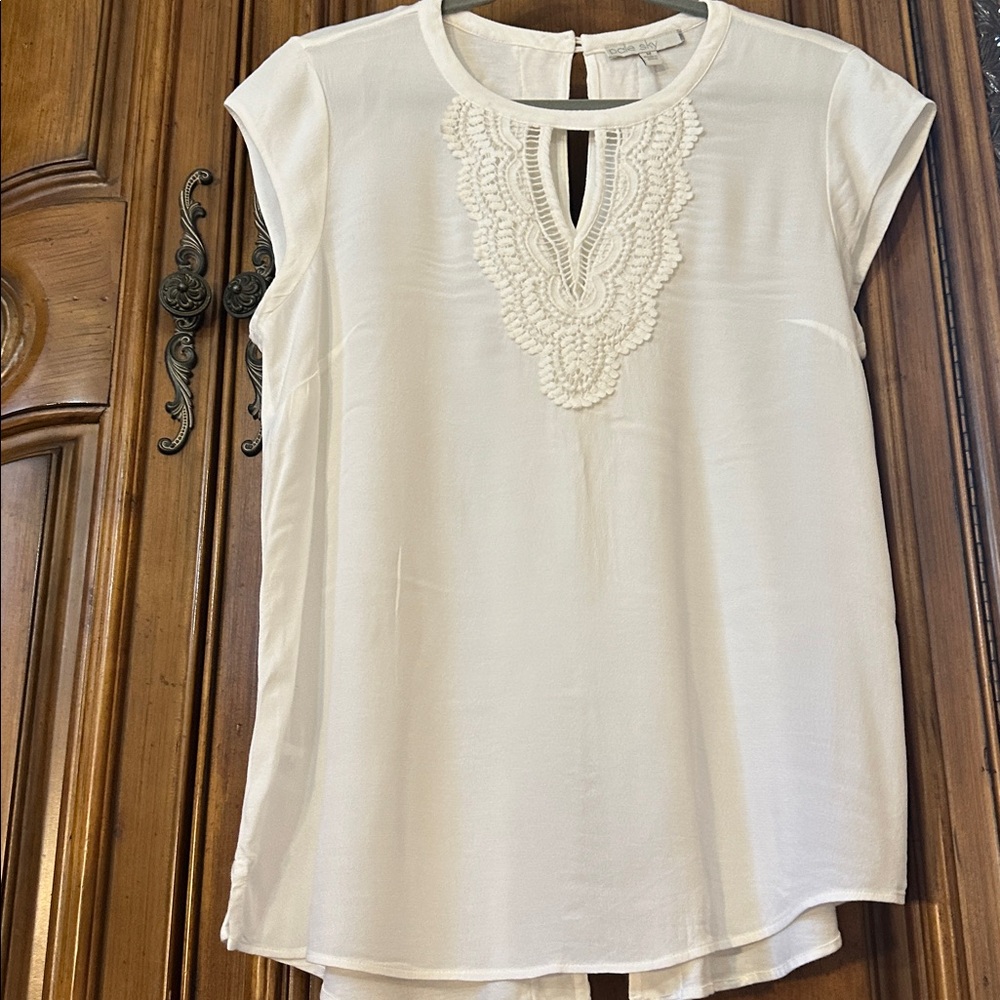 Romantic Like NEW Ivory White Pale Sky Keyhole Crochet Embroidered Lace Blouse M - Picture 6 of 12